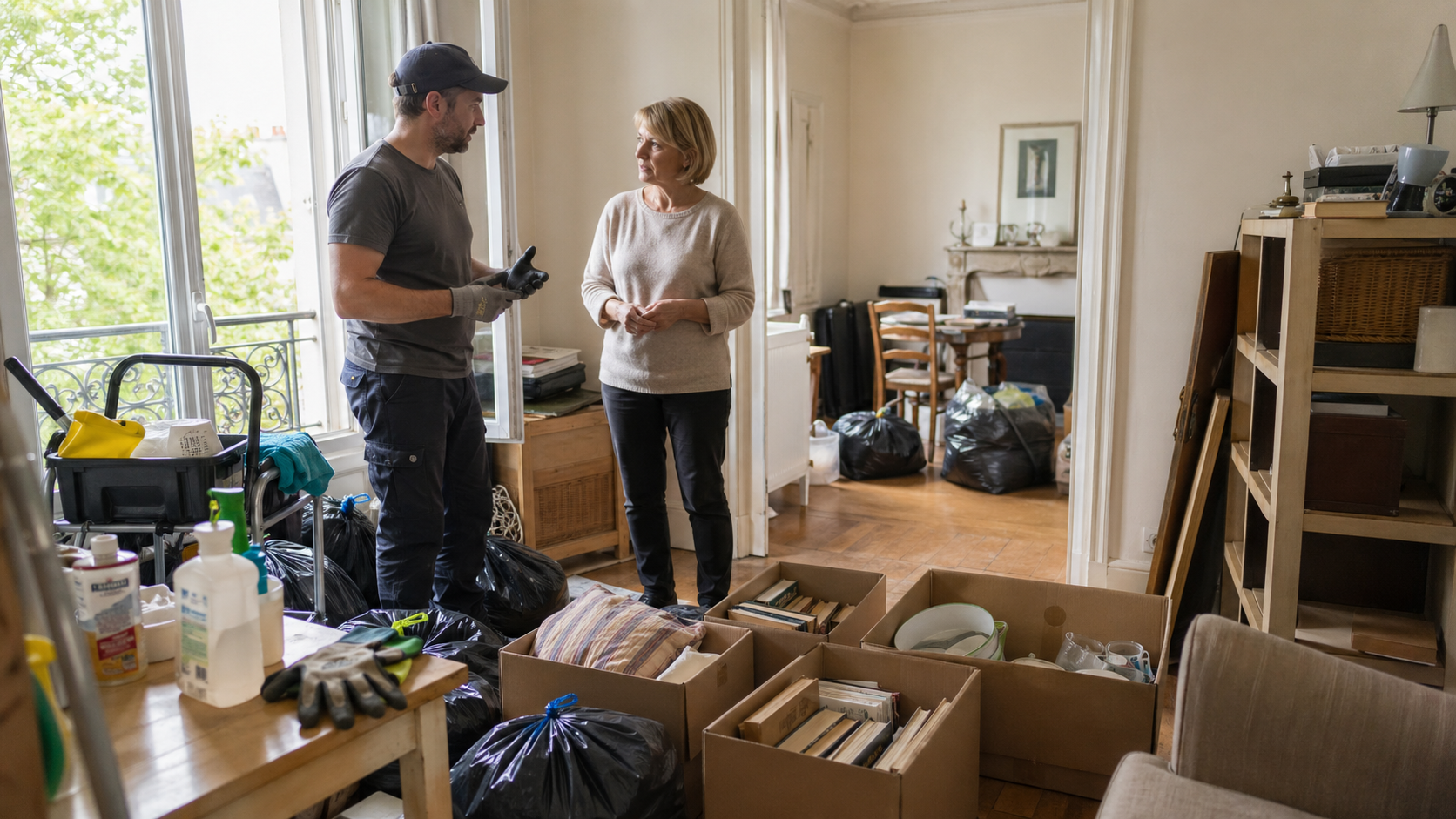 Professionnel du nettoyage et cliente organisant le tri d’un logement encombré pour réduire les coûts d’un nettoyage de syndrome de Diogène