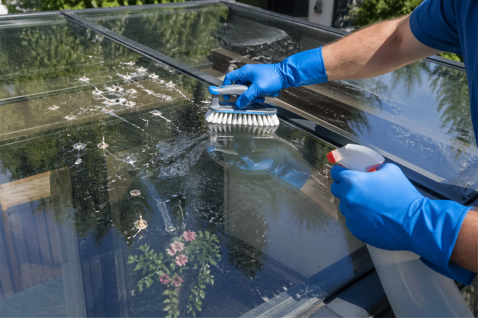 Nettoyage de fientes de pigeon sur une verrière de véranda avec une brosse et des gants de protection