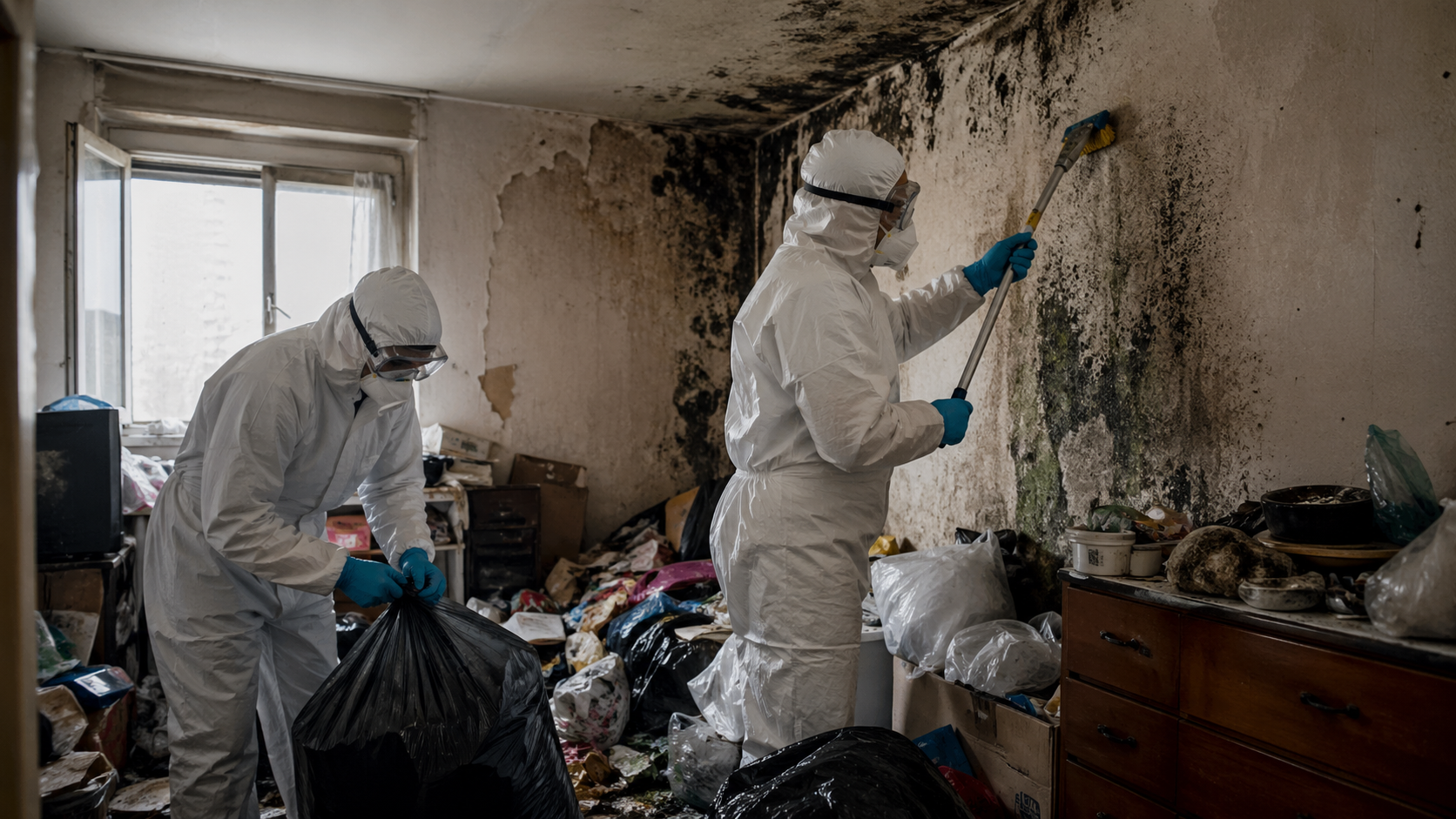 Professionnels en combinaison de protection nettoyant des moisissures dans un logement très encombré atteint du syndrome de Diogène