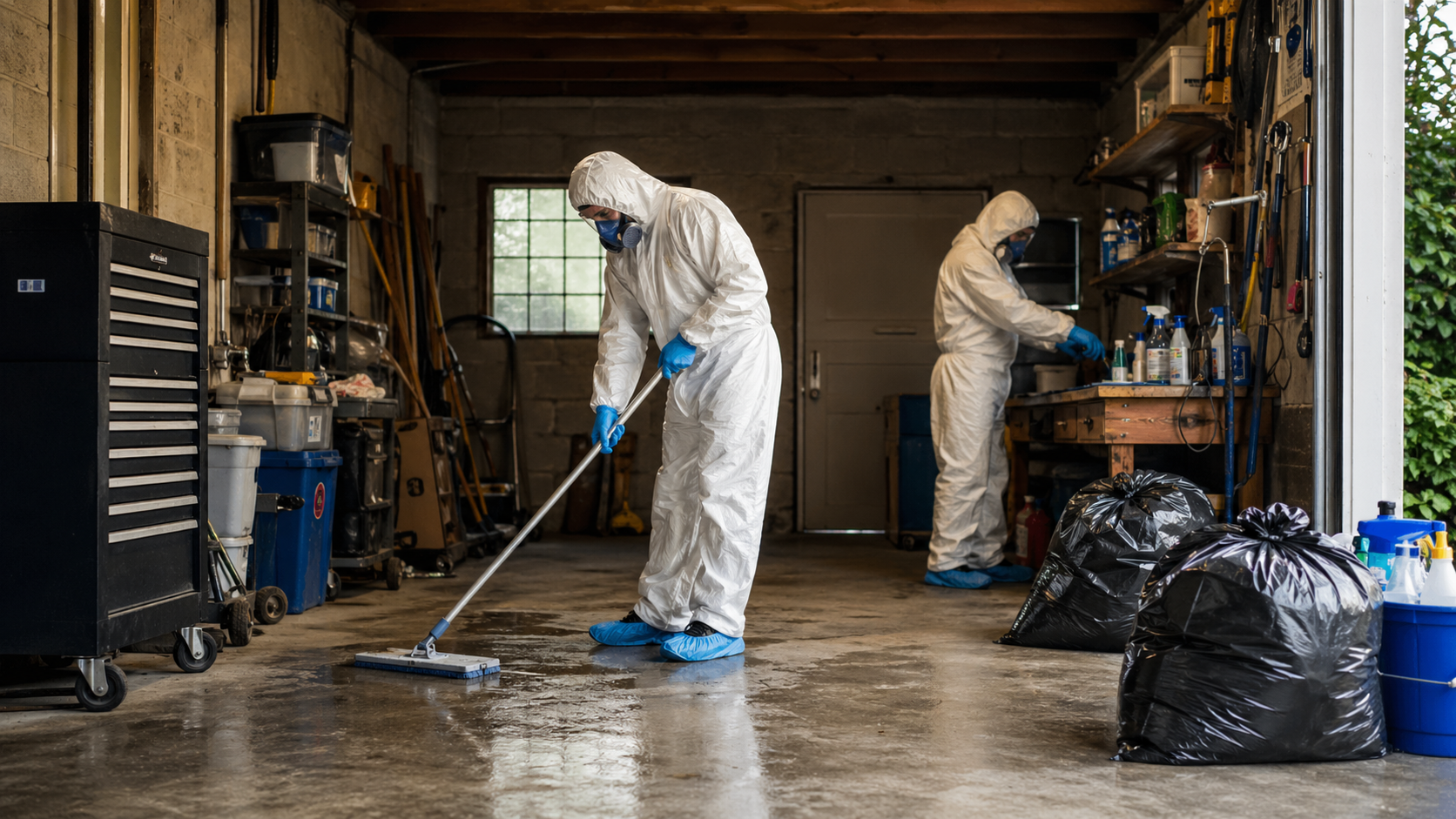 Nettoyage après décès dans un garage par des professionnels en combinaison de protection