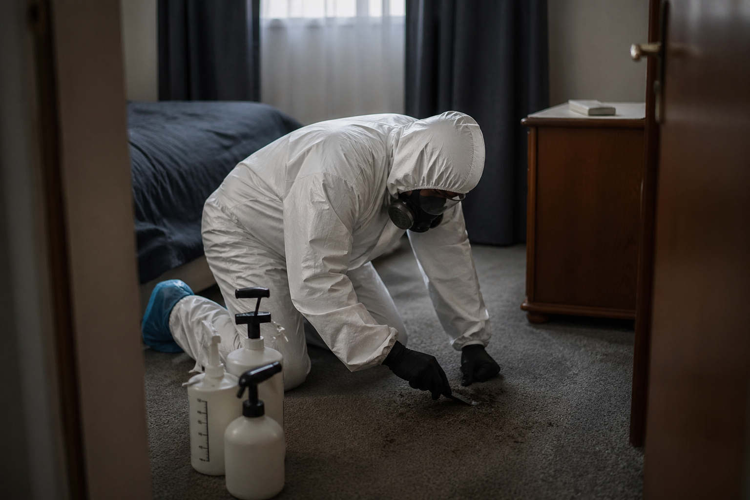 Technicien en combinaison de protection réalisant une intervention discrète de nettoyage après décès dans une chambre