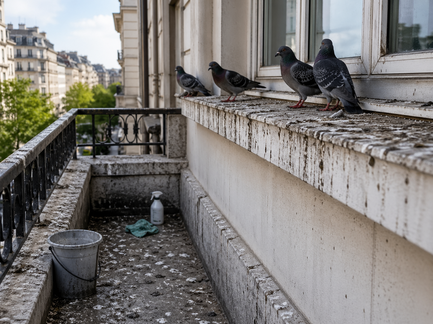 Pigeons posés sur un rebord de fenêtre avec fientes sur un balcon sans solution anti-pigeons