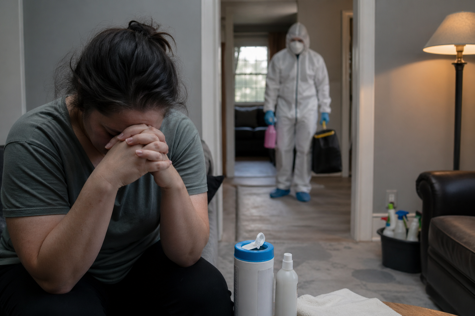 Femme bouleversée dans un logement pendant qu’un professionnel intervient pour un nettoyage après décès