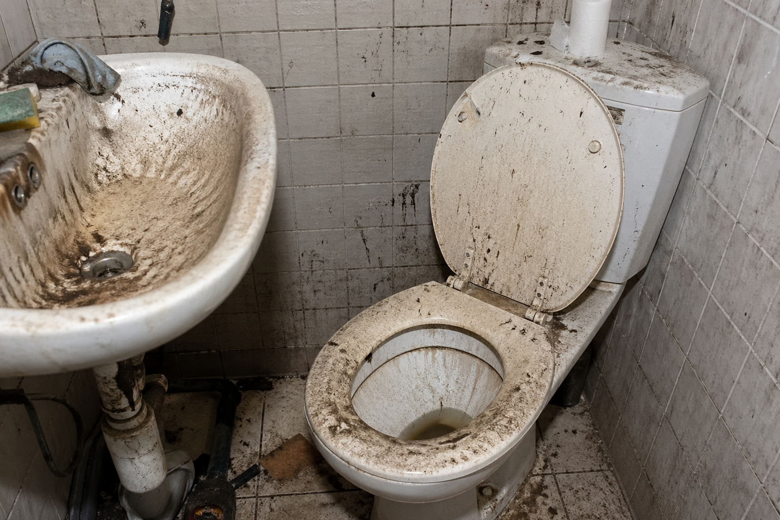 Sanitaires très sales dans un logement touché par le syndrome de Korsakoff nécessitant un nettoyage extrême et une désinfection complète