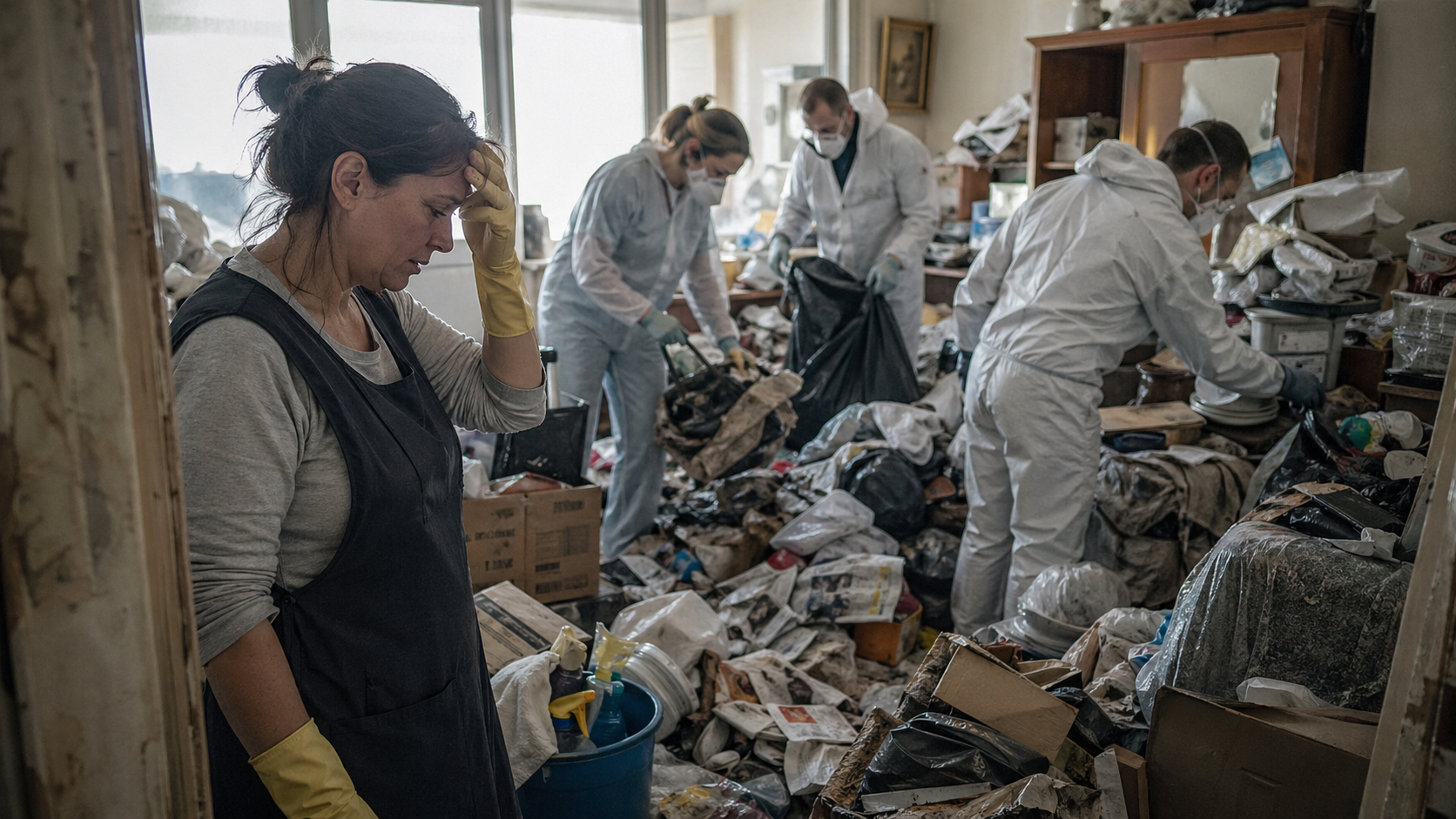 Équipe spécialisée en nettoyage extrême intervenant dans un logement encombré par un syndrome de Diogène, tandis qu’une aide ménagère semble dépassée par la situation.