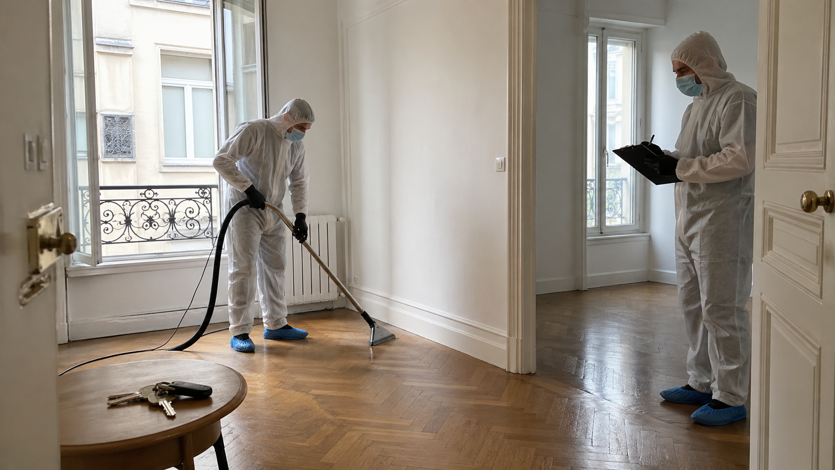 Professionnels du nettoyage après décès désinfectant un appartement vide avant l’état des lieux de sortie