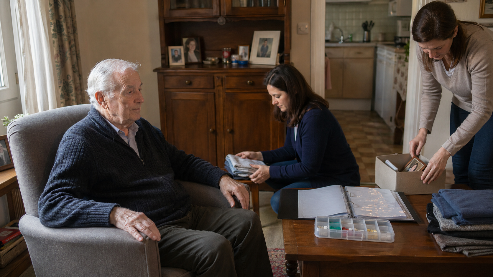 Intervention discrète à domicile auprès d’une personne âgée atteinte du syndrome de Korsakoff avec rangement, documents médicaux et accompagnement bienveillant