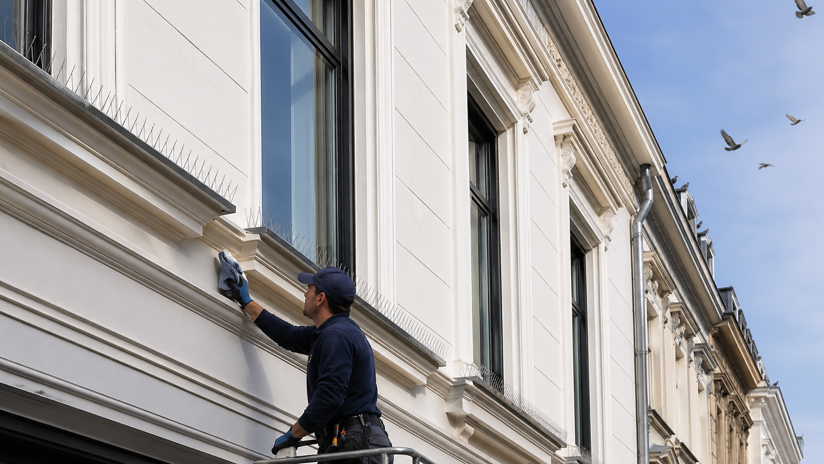 Technicien nettoyant une façade propre équipée de pics anti-pigeons après un nettoyage de fientes de pigeon
