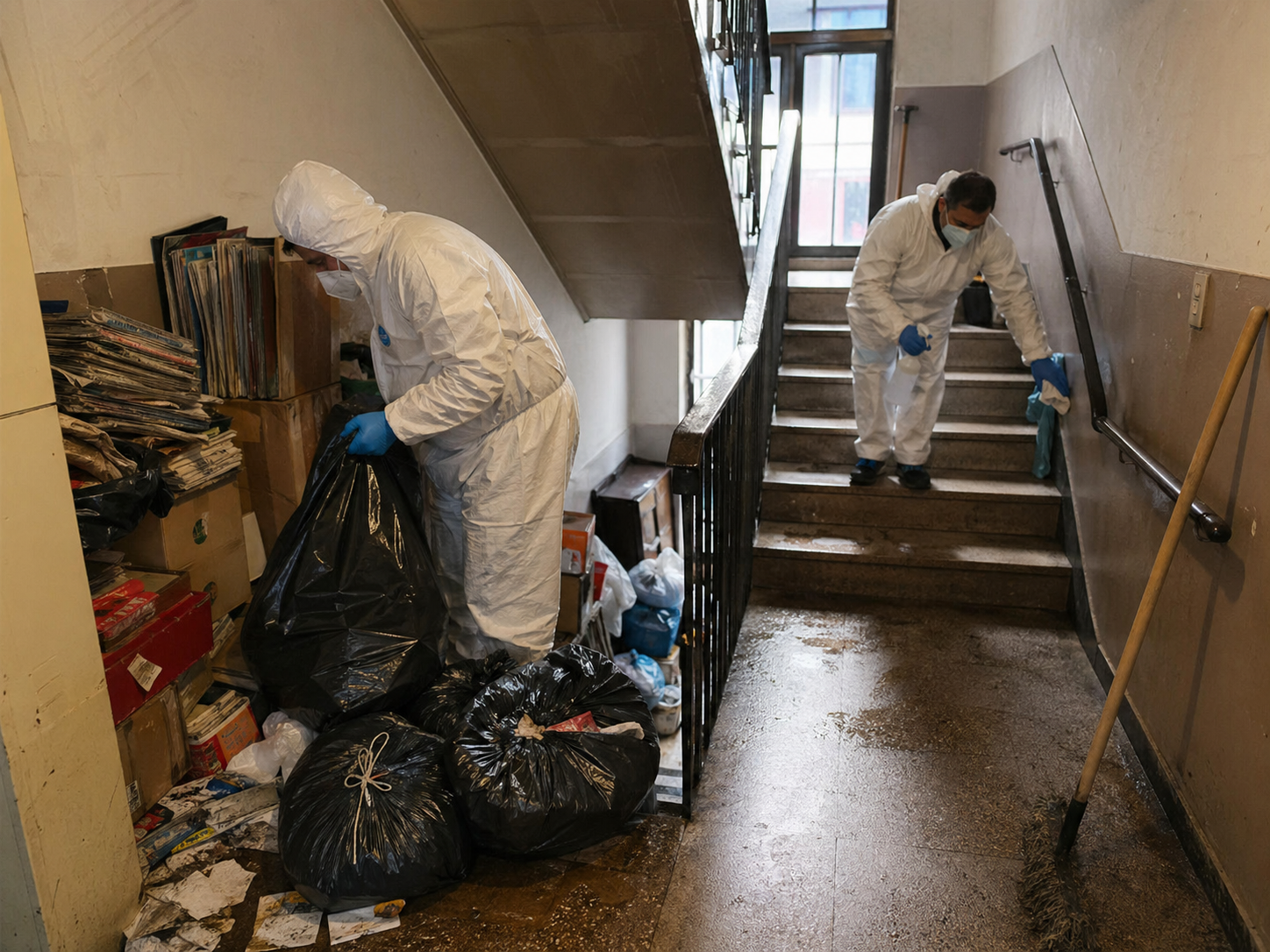 Nettoyage professionnel d’escaliers encombrés dans un immeuble touché par le syndrome de Diogène