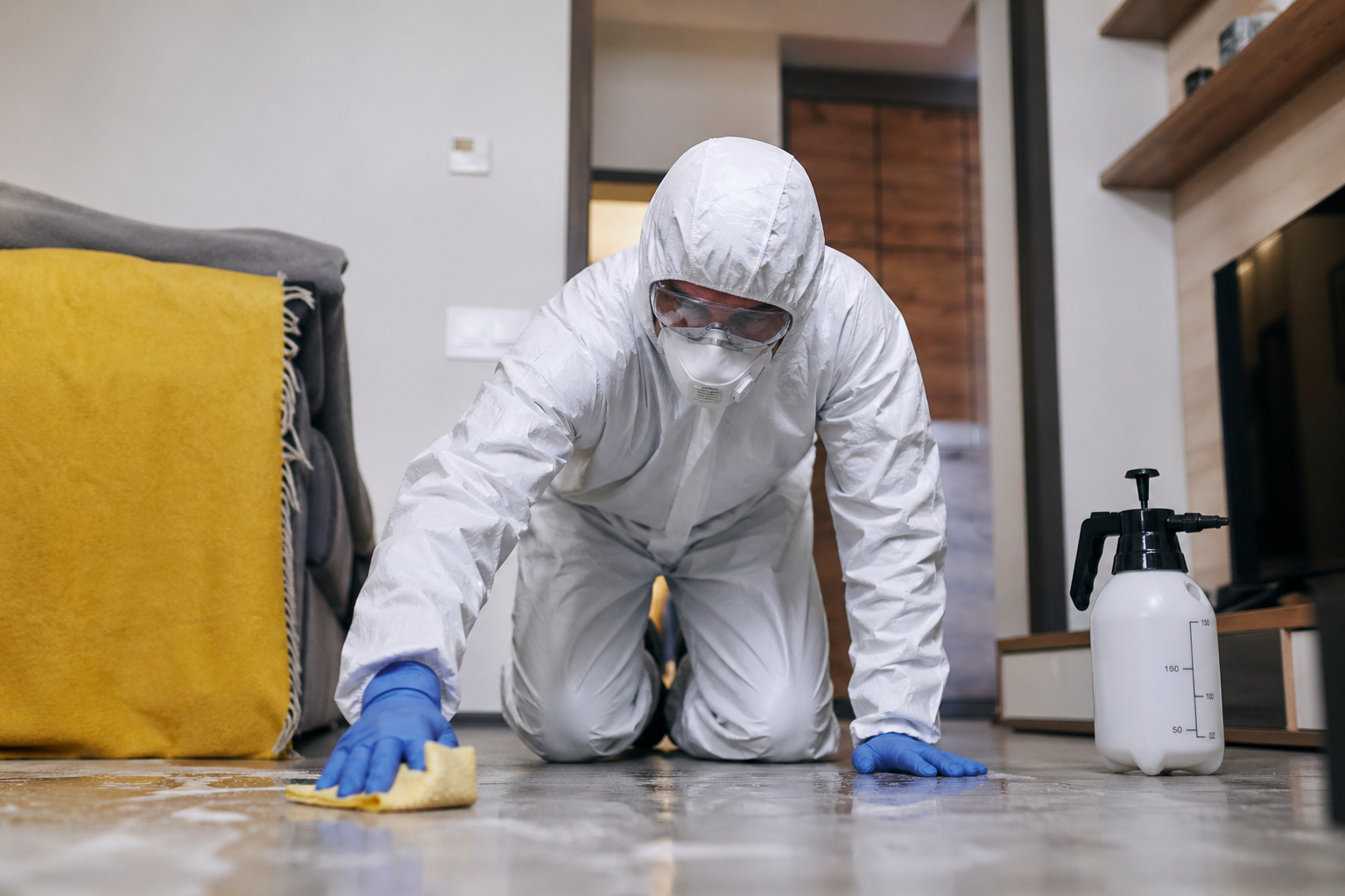 Technicien en combinaison de protection désinfectant un sol après un nettoyage après décès pour éliminer les bactéries