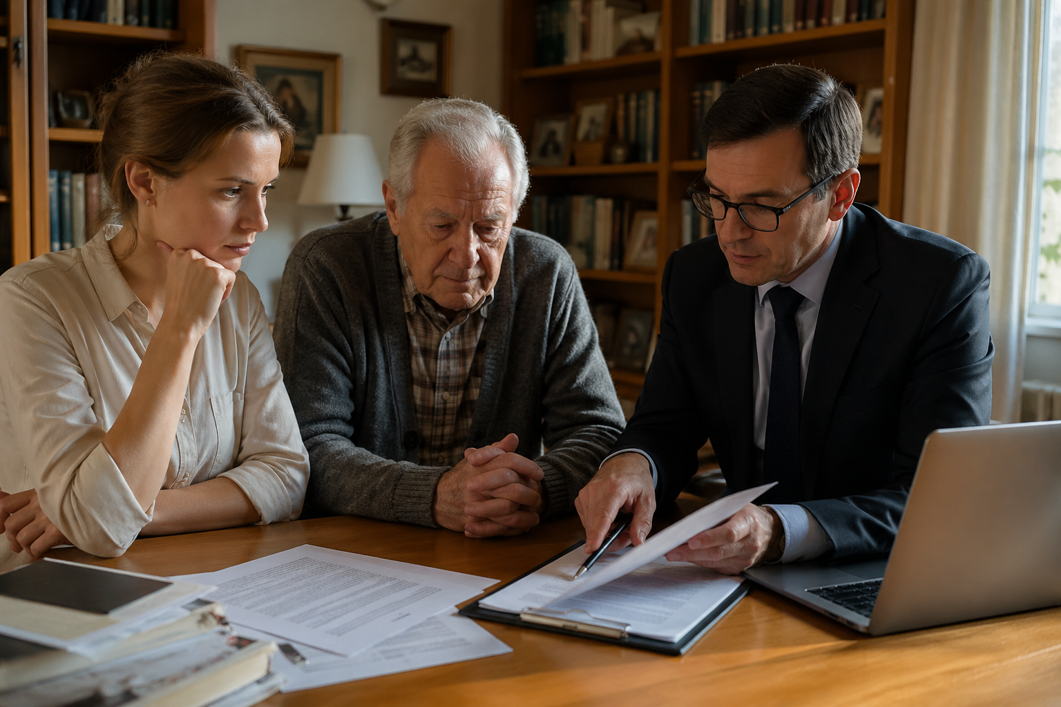 Famille et conseiller préparant une succession liée à un logement occupé par une personne atteinte du syndrome de Korsakoff