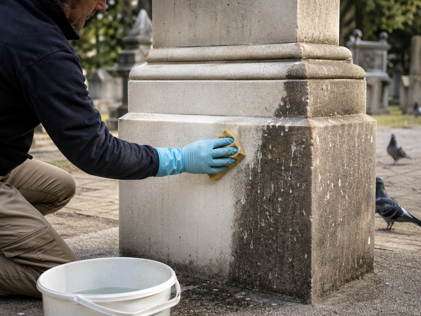 Personne nettoyant un monument en pierre taché par des fientes de pigeon avec une éponge et des gants