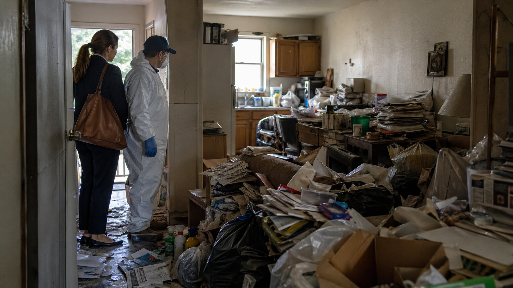 Professionnels évaluant un logement locatif très encombré touché par le syndrome de Diogène afin d’organiser une intervention rapide