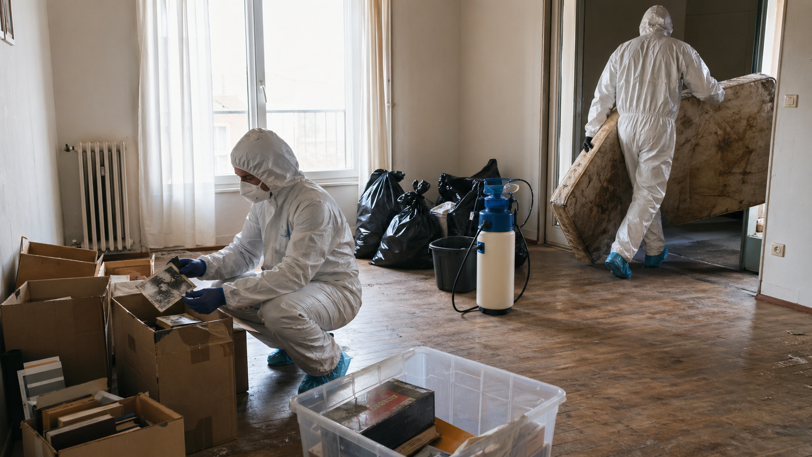 Professionnels en combinaison de protection réalisant un nettoyage après décès avec débarras complet d’un logement