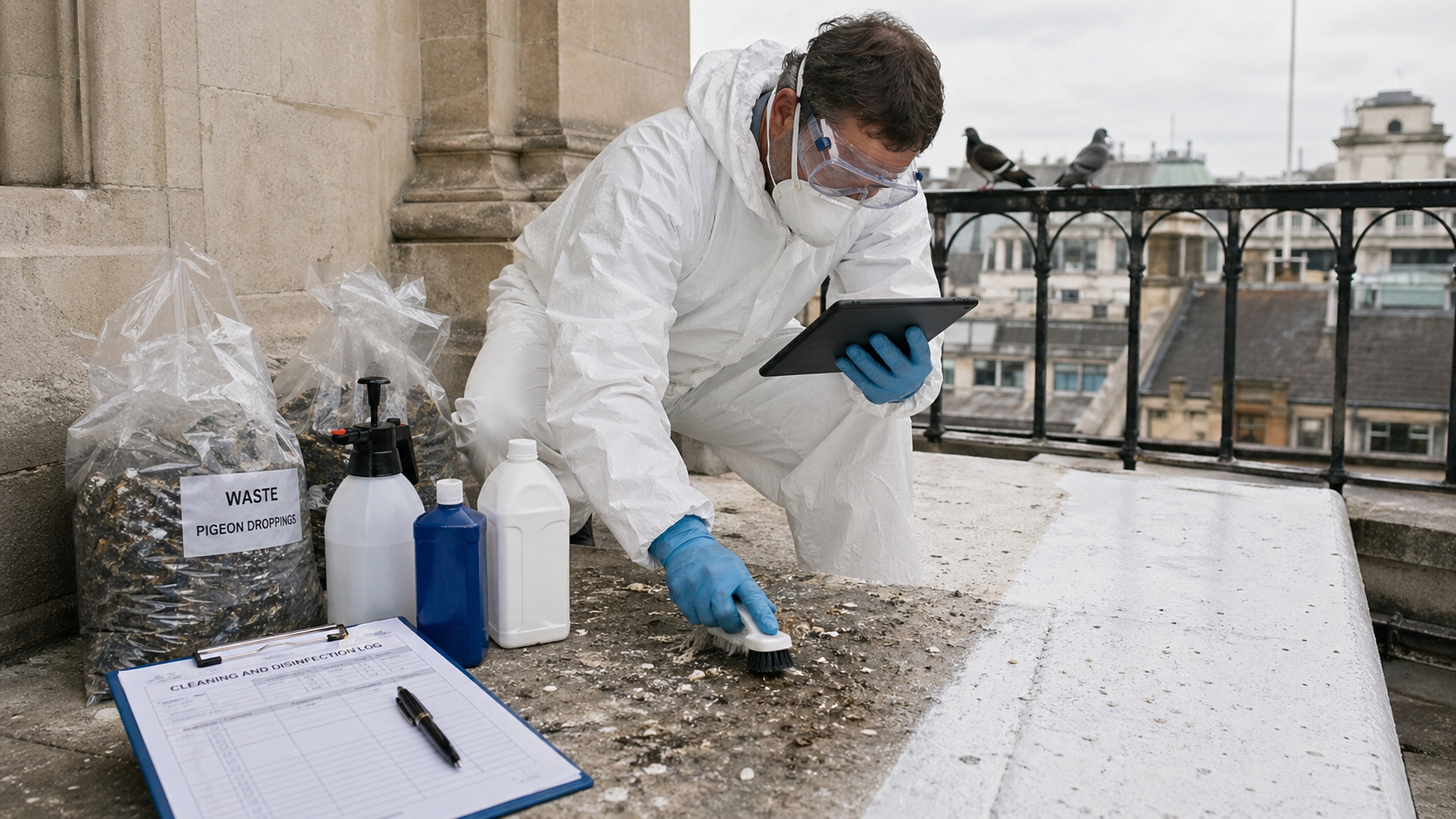 Technicien en combinaison de protection nettoyant des fientes de pigeon sur un balcon avec suivi de traçabilité de l’intervention