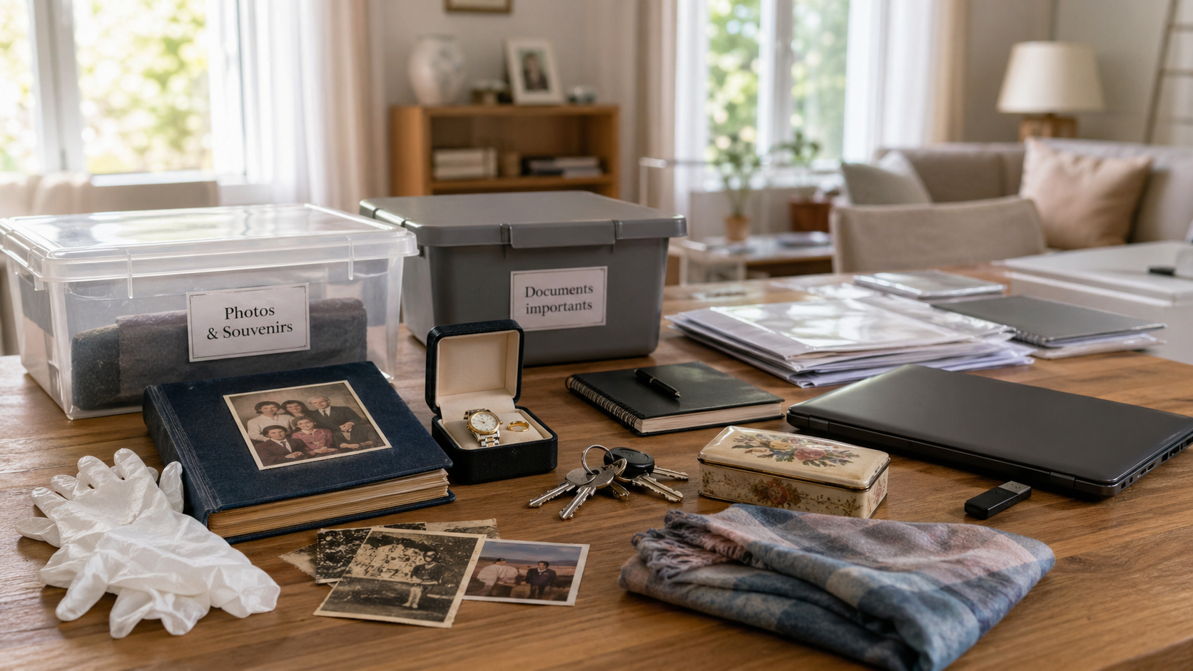 Objets personnels préservés et triés après un nettoyage après décès, avec photos, documents, bijoux, clés et souvenirs familiaux