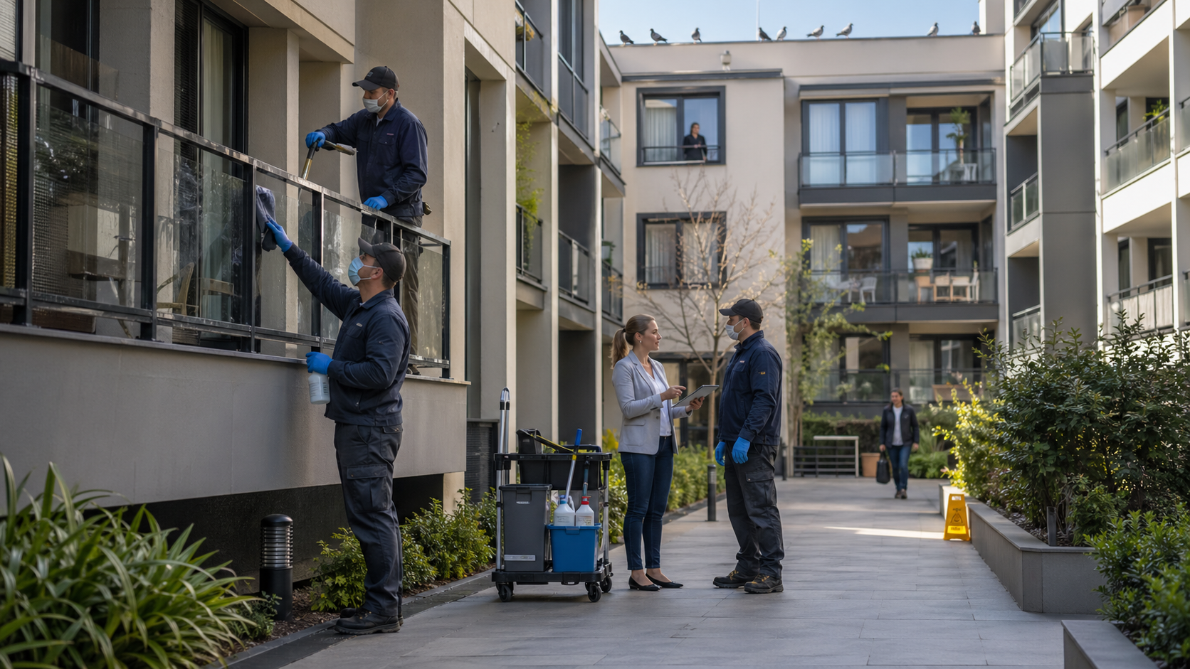 Nettoyage de fientes de pigeon sur un balcon d’immeuble avec intervention discrète pour ne pas gêner les occupants