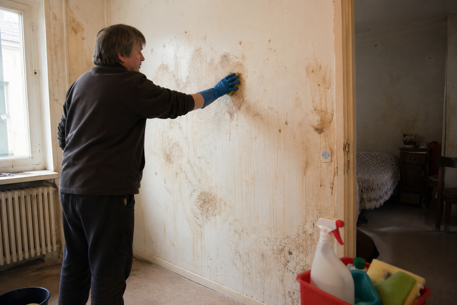Homme nettoyant un mur très taché dans un logement dégradé lié au syndrome de Korsakoff