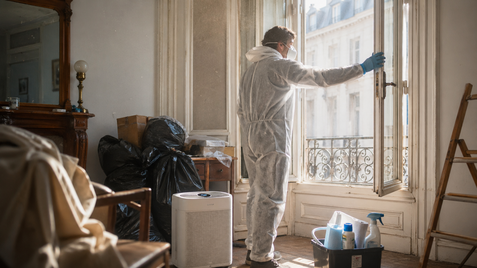 Professionnel équipé d’un masque et d’une combinaison aérant un logement fermé touché par le syndrome de Diogène avec purificateur d’air et matériel de nettoyage