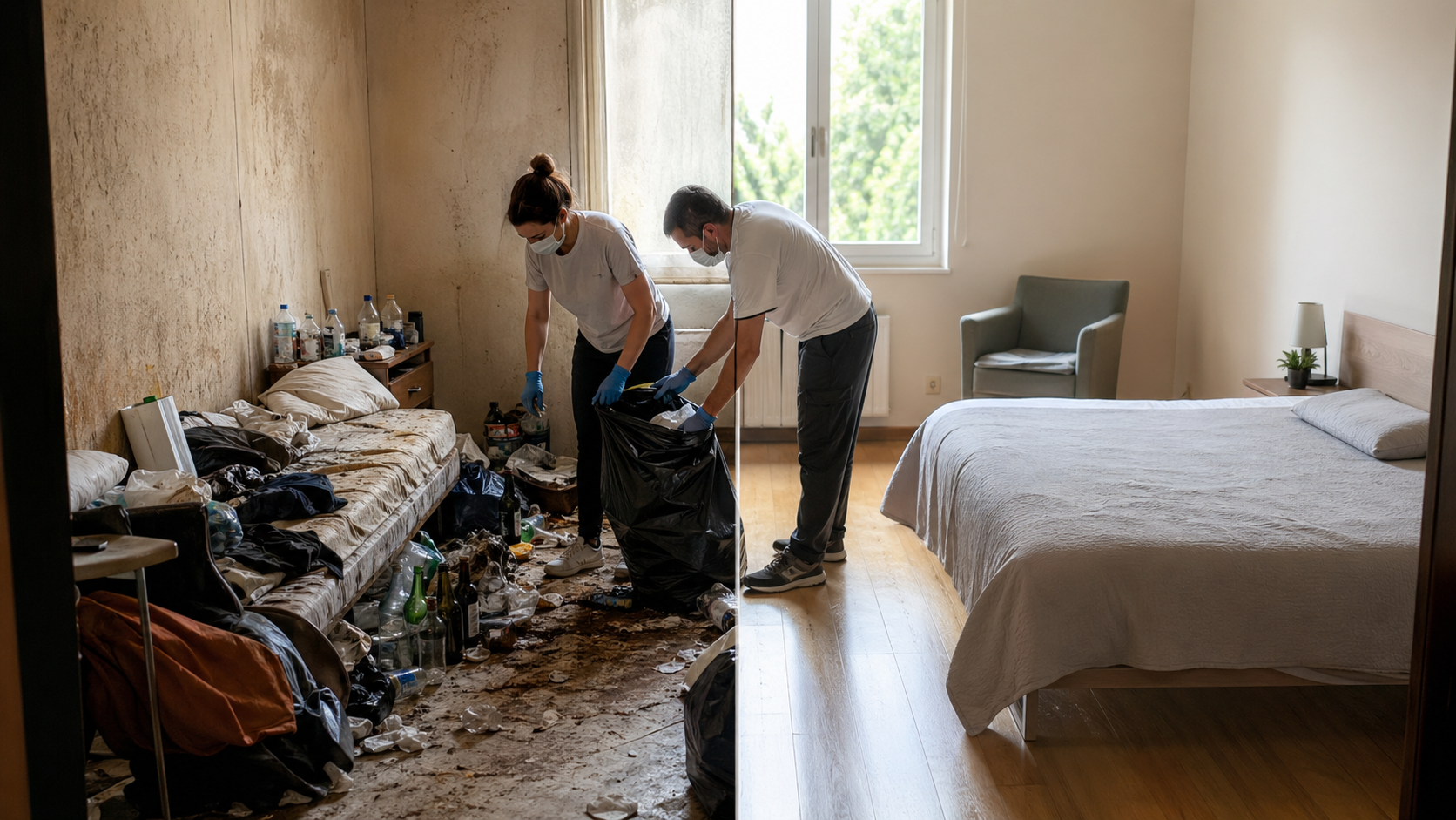 Deux professionnels nettoient une chambre insalubre après syndrome de Korsakoff, avec une partie encombrée et une partie remise en état propre et saine.