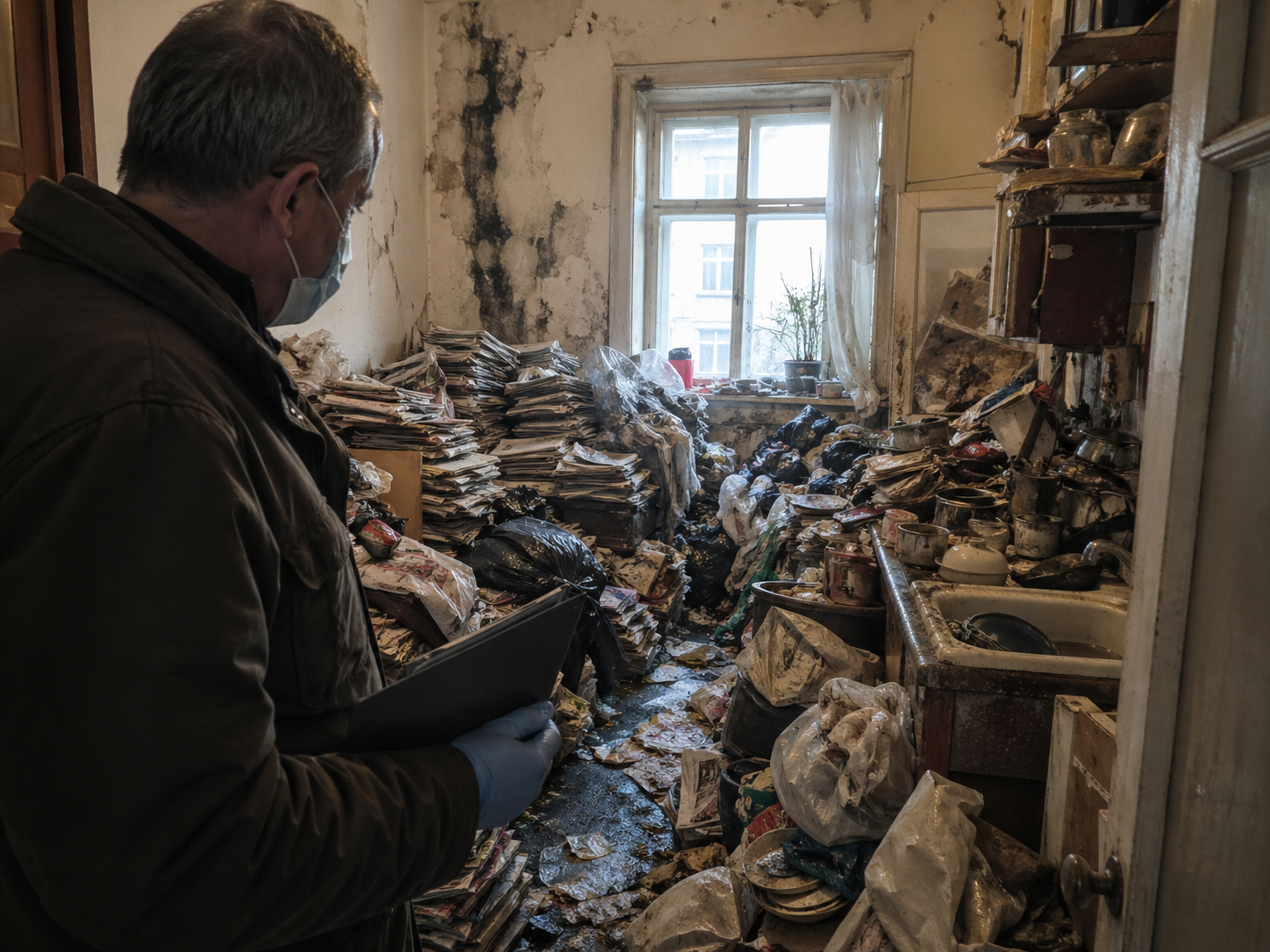 Propriétaire inspectant un logement très encombré et insalubre dégradé par le syndrome de Diogène