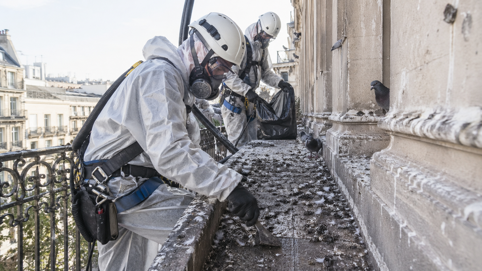 Professionnels équipés nettoyant des fientes de pigeon sur un balcon d’immeuble avec protections sanitaires