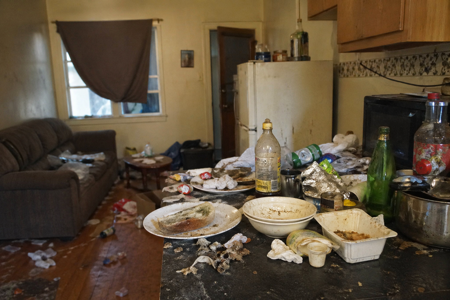 Cuisine et pièce de vie encombrées avec déchets alimentaires, vaisselle sale et nourriture avariée dans un logement touché par le syndrome de Korsakoff