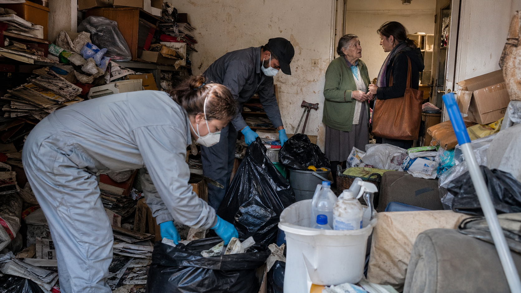 Intervention urgente dans un logement insalubre lié au syndrome de Diogène avec professionnels du nettoyage, sacs de déchets et accompagnement d’une personne âgée.