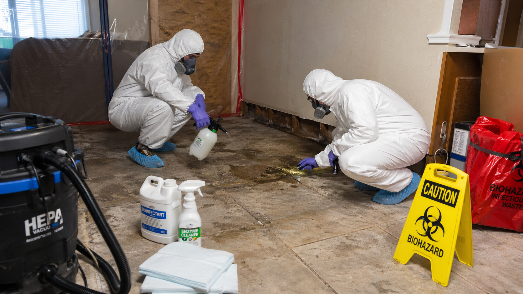 Techniciens en combinaison de protection traitant un sol poreux contaminé lors d’un nettoyage après décès