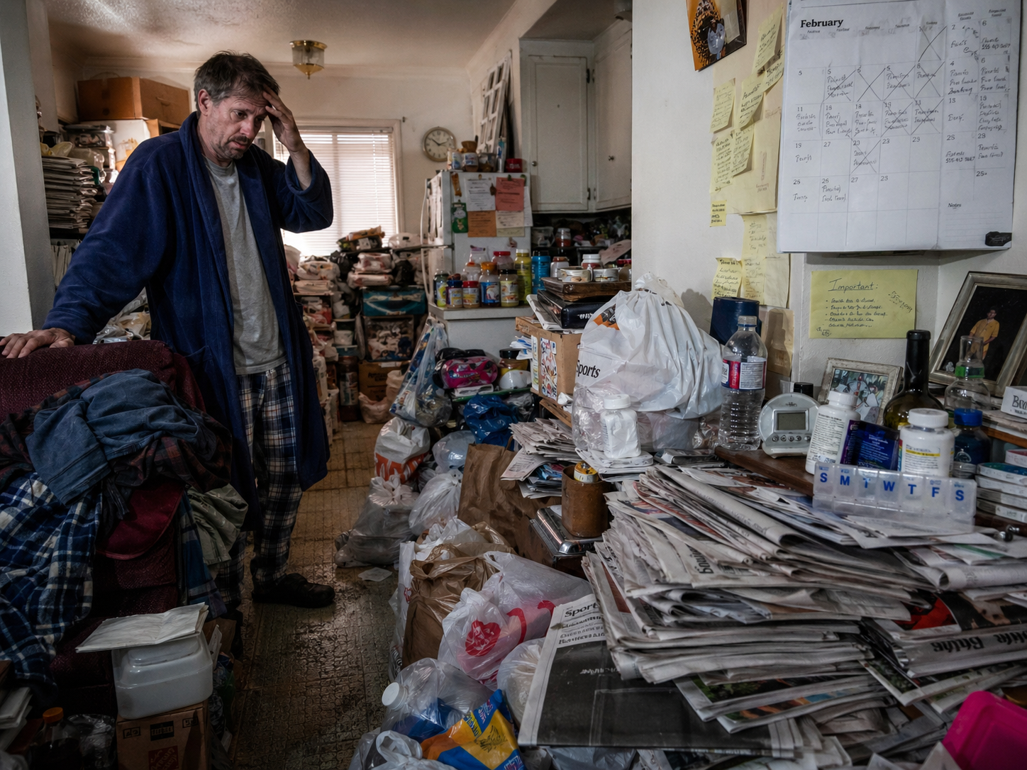 Homme désorienté dans un logement encombré par des papiers, sacs, objets et médicaments, illustrant l’accumulation dangereuse liée au syndrome de Korsakoff.