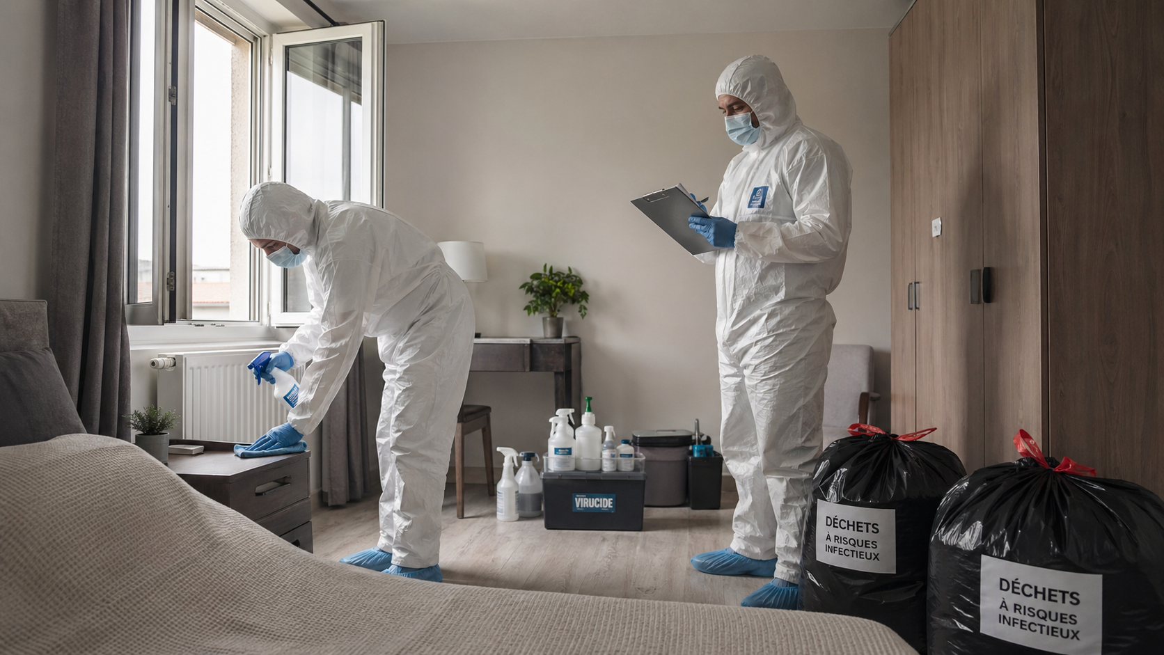 Professionnels en combinaison de protection réalisant un nettoyage après décès dans une chambre avec produits de désinfection
