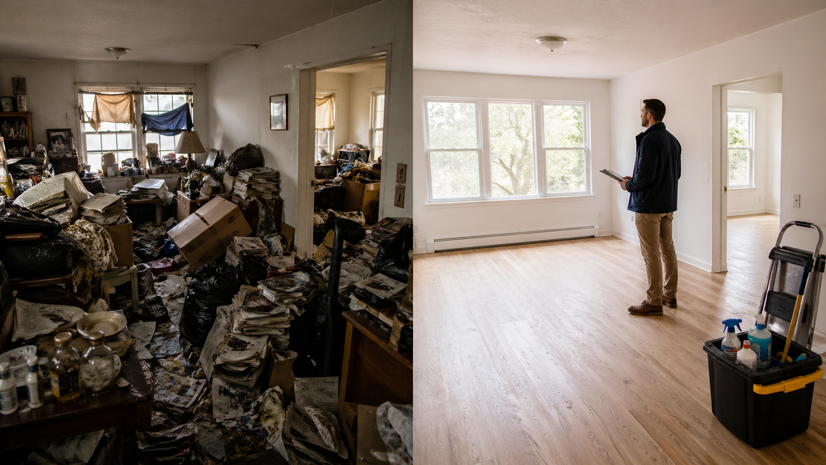 Avant après d’un logement encombré par un syndrome de Diogène puis nettoyé et prêt à être remis sur le marché immobilier