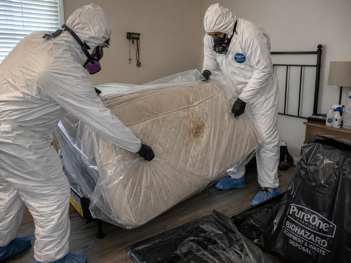 Techniciens spécialisés en combinaison de protection emballant un matelas contaminé lors d’un nettoyage après décès