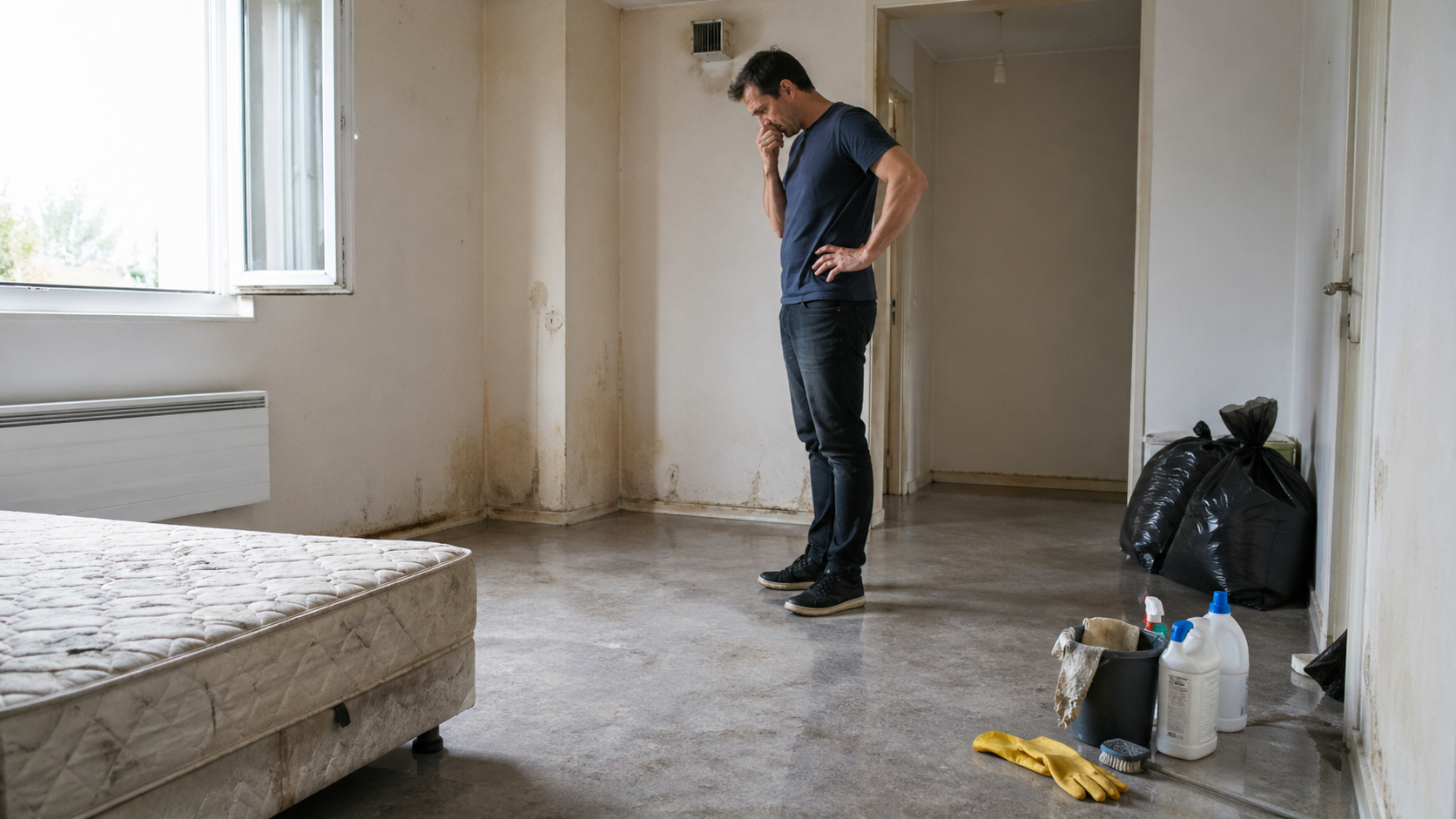 Homme inspectant un logement nettoyé après un syndrome de Diogène avec traces d’humidité, sacs poubelle et produits de nettoyage