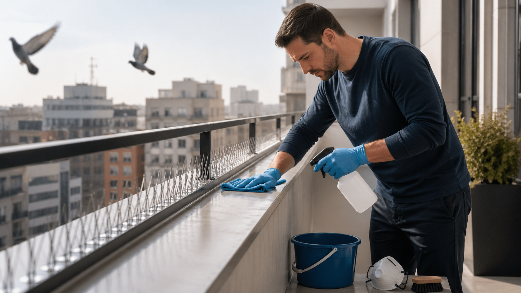 Homme nettoyant un rebord de balcon avec des gants après des fientes de pigeon, avec des pics anti-pigeons installés pour un résultat durable.