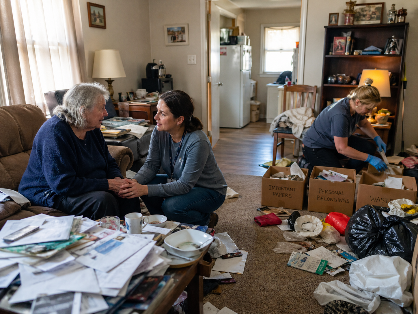 Accompagnement humain lors d’un nettoyage après syndrome de Korsakoff dans un logement encombré