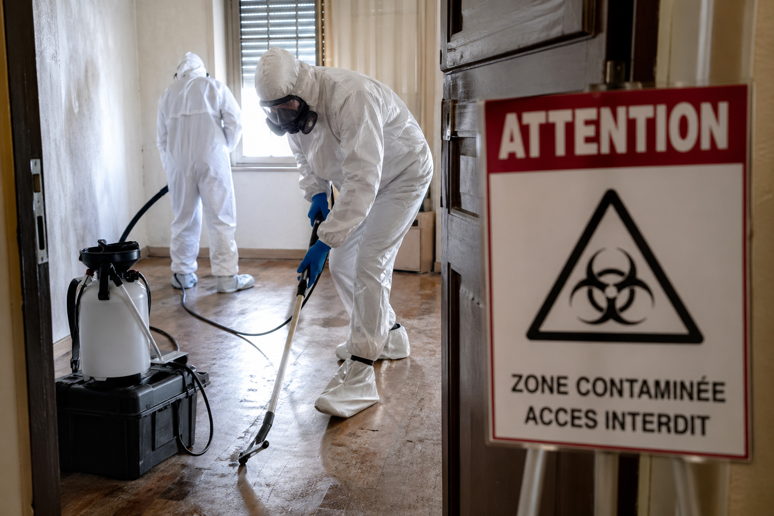 Équipe spécialisée en combinaison de protection réalisant un nettoyage après décès dans une pièce sécurisée
