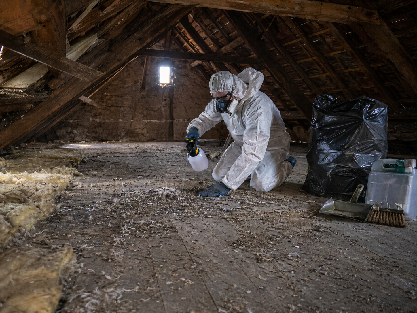 Professionnel en combinaison de protection nettoyant un grenier ancien contaminé par des fientes de pigeon