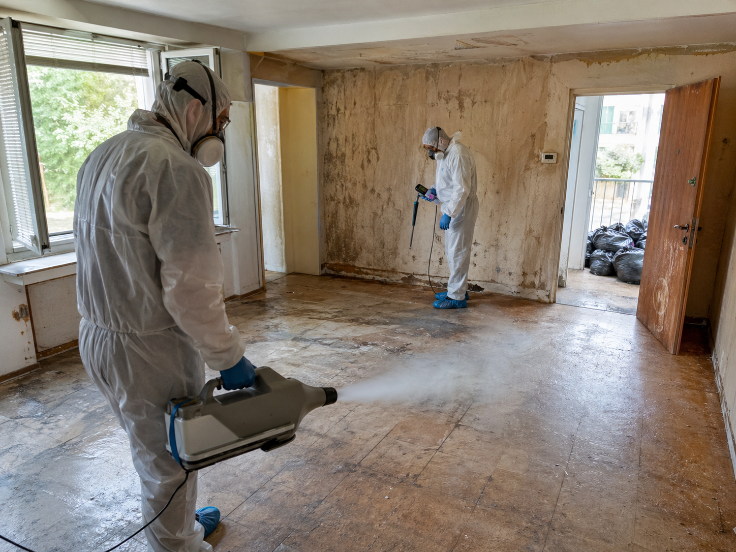 Techniciens en combinaison réalisant une désodorisation professionnelle dans un logement insalubre touché par le syndrome de Diogène