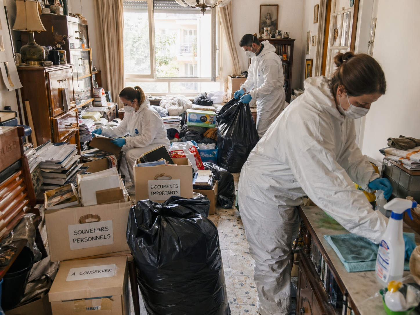 Équipe spécialisée en combinaison de protection organisant le tri, le débarras et la désinfection d’un logement très encombré après un décès