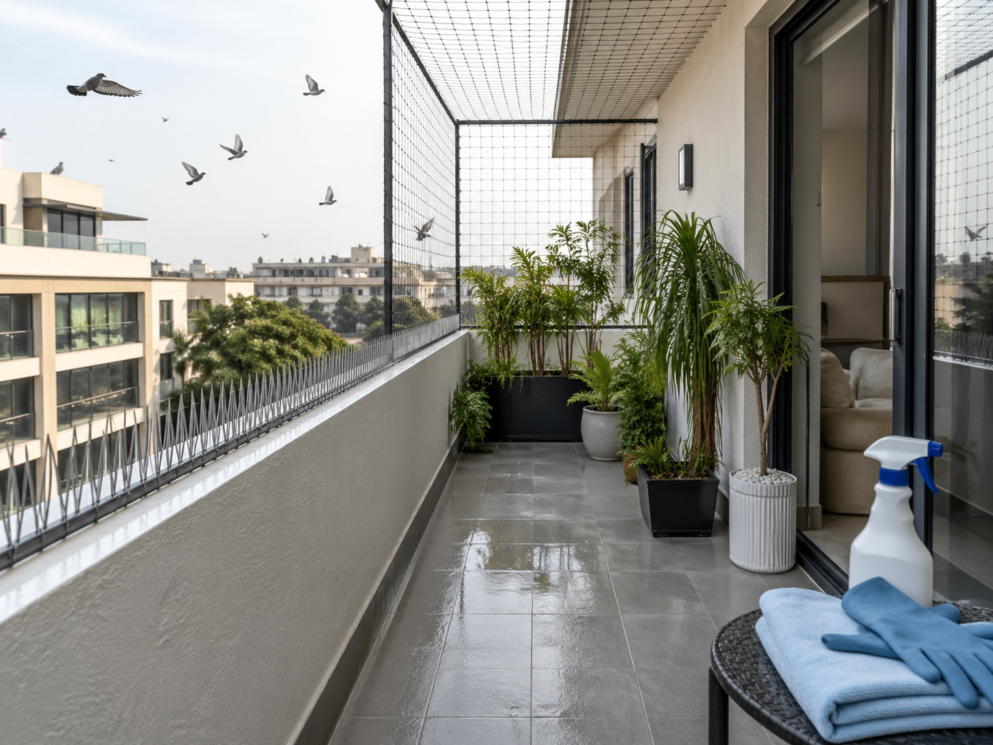 Balcon propre après nettoyage de fientes de pigeon avec filet de protection, pics anti-pigeons et produits d’entretien