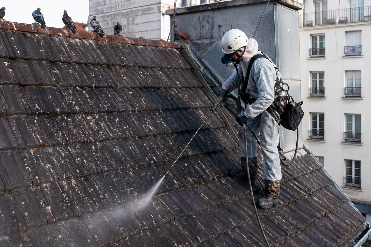 Technicien équipé nettoyant des fientes de pigeon sur une toiture urbaine avec un nettoyeur haute pression