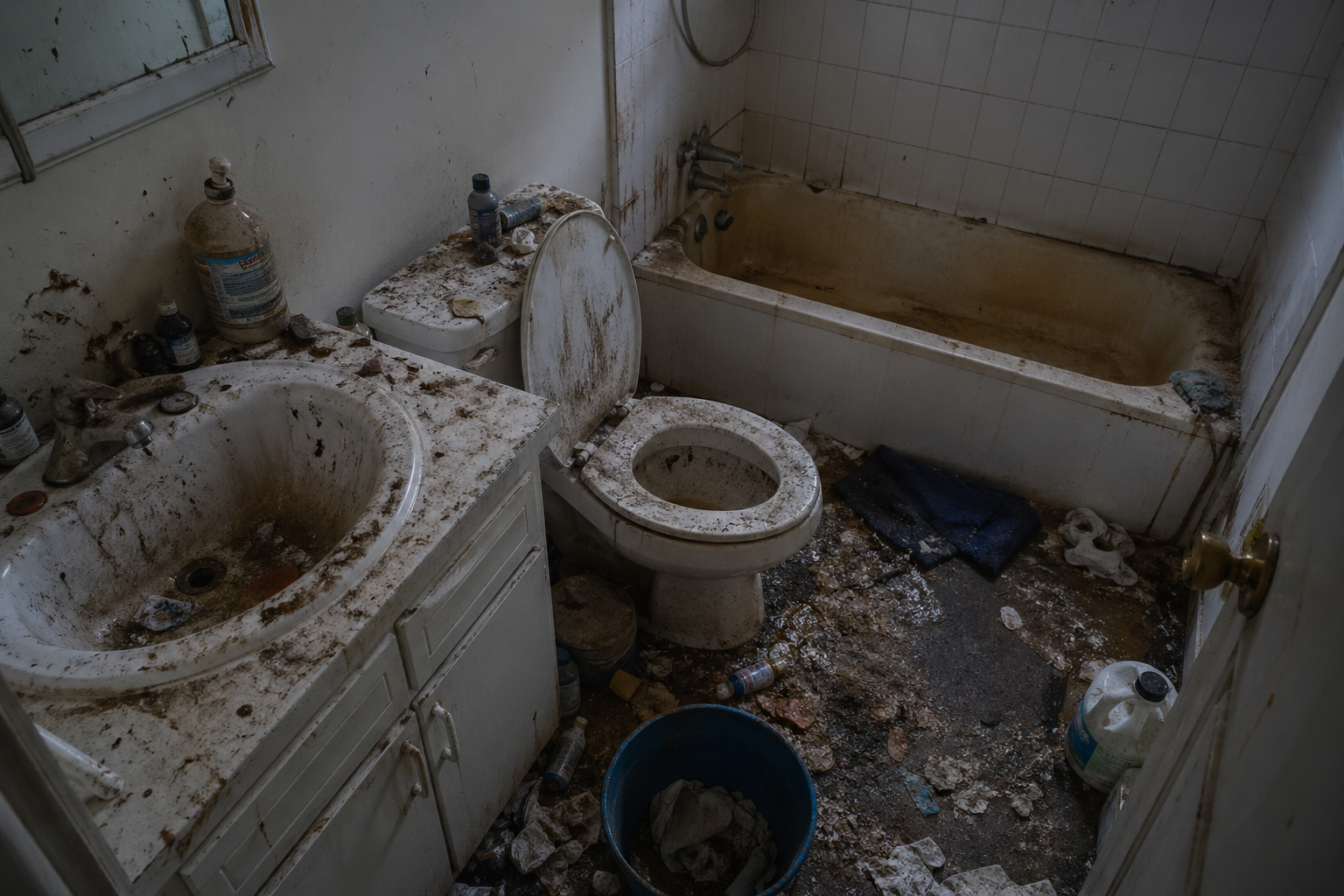 Salle de bain très insalubre nécessitant un nettoyage complet après une situation liée au syndrome de Korsakoff