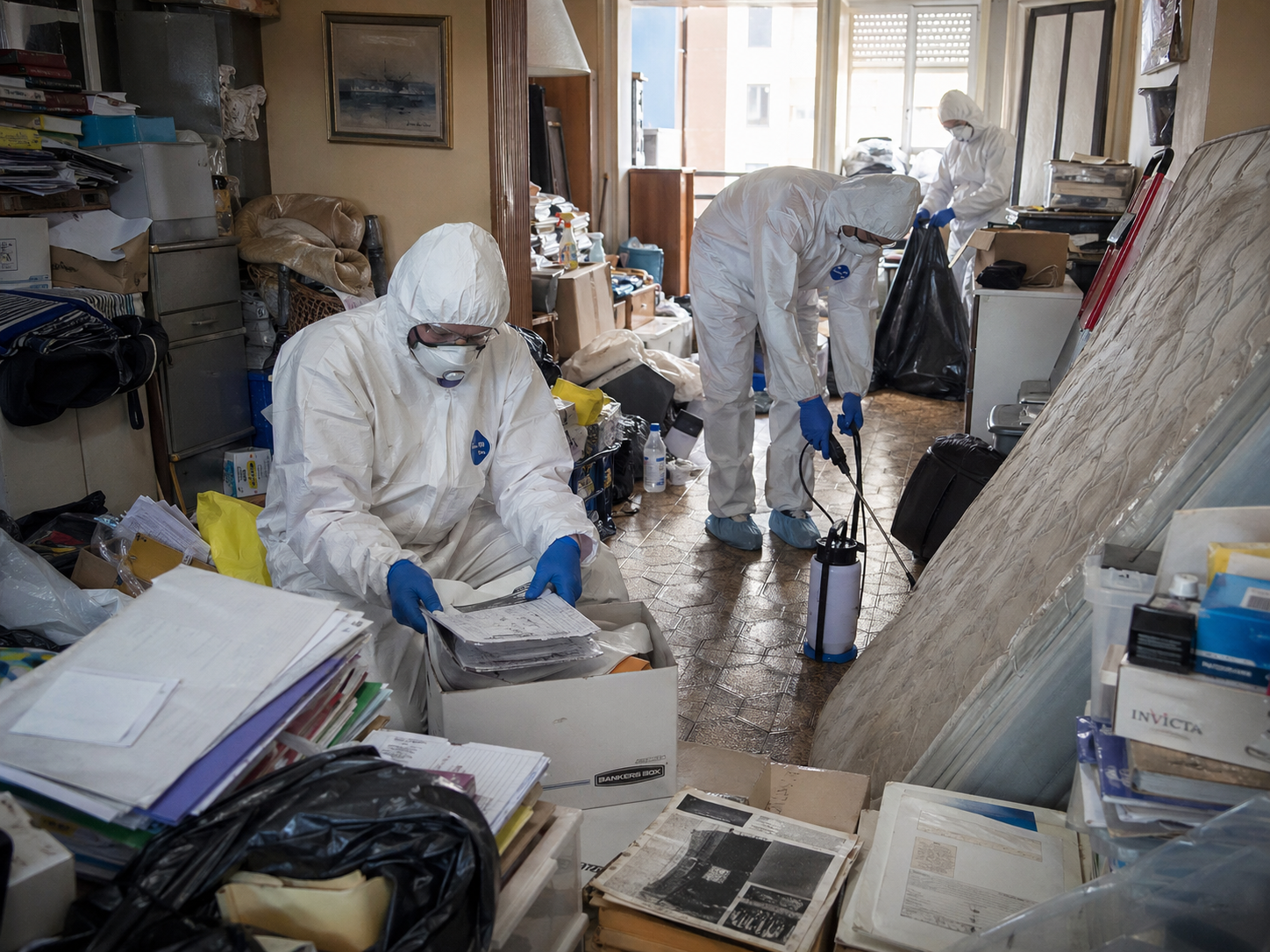 Équipe spécialisée en nettoyage après décès intervenant dans un appartement très encombré avec équipements de protection