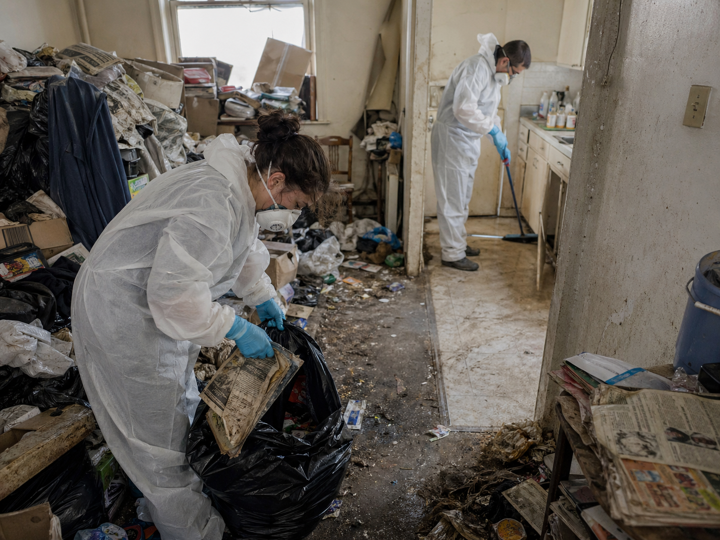 Nettoyage d’un logement très sale touché par le syndrome de Diogène Professionnels en combinaison nettoyant un logement très sale encombré par le syndrome de Diogène