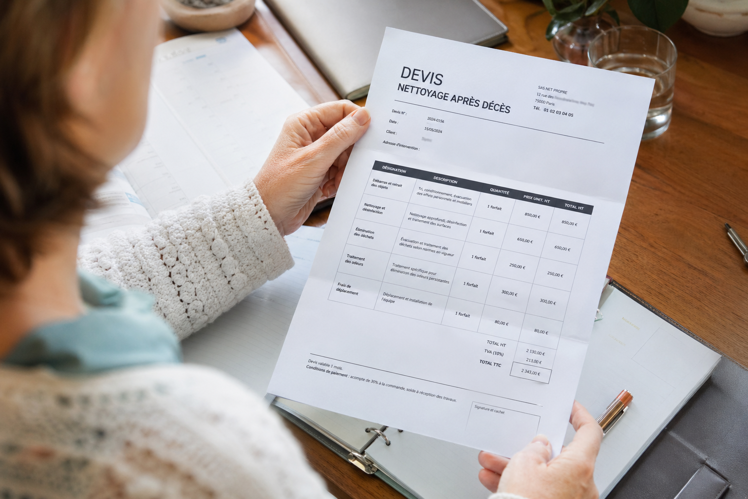 Conseils pour lire un devis de nettoyage après décès Personne lisant attentivement un devis de nettoyage après décès posé sur un bureau avec des documents et un stylo