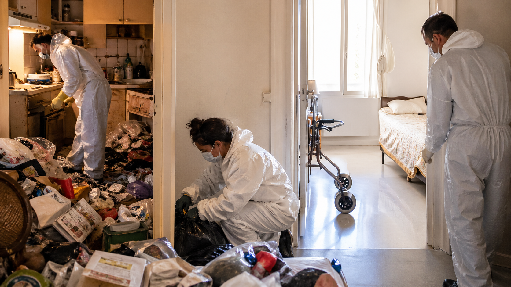 Entreprise de nettoyage extrême intervenant dans un logement encombré par le syndrome de Diogène après hospitalisation