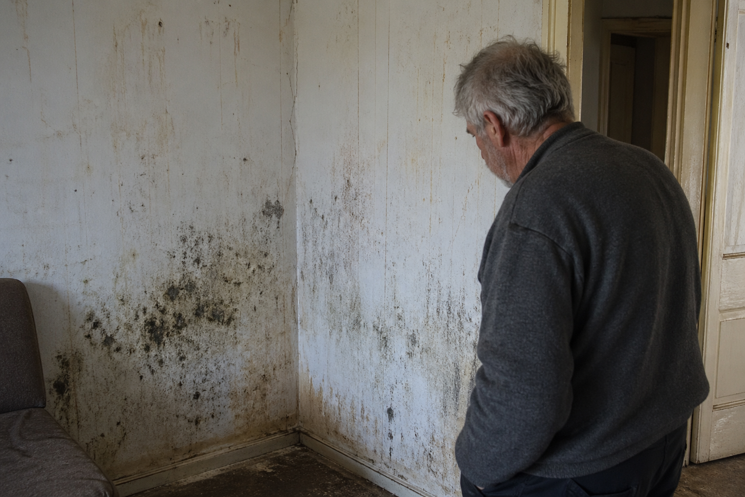 Traitement des murs tachés dans un logement touché par le syndrome de Korsakoff Homme observant des murs tachés par l’humidité et les moisissures dans un logement dégradé lié au syndrome de Korsakoff