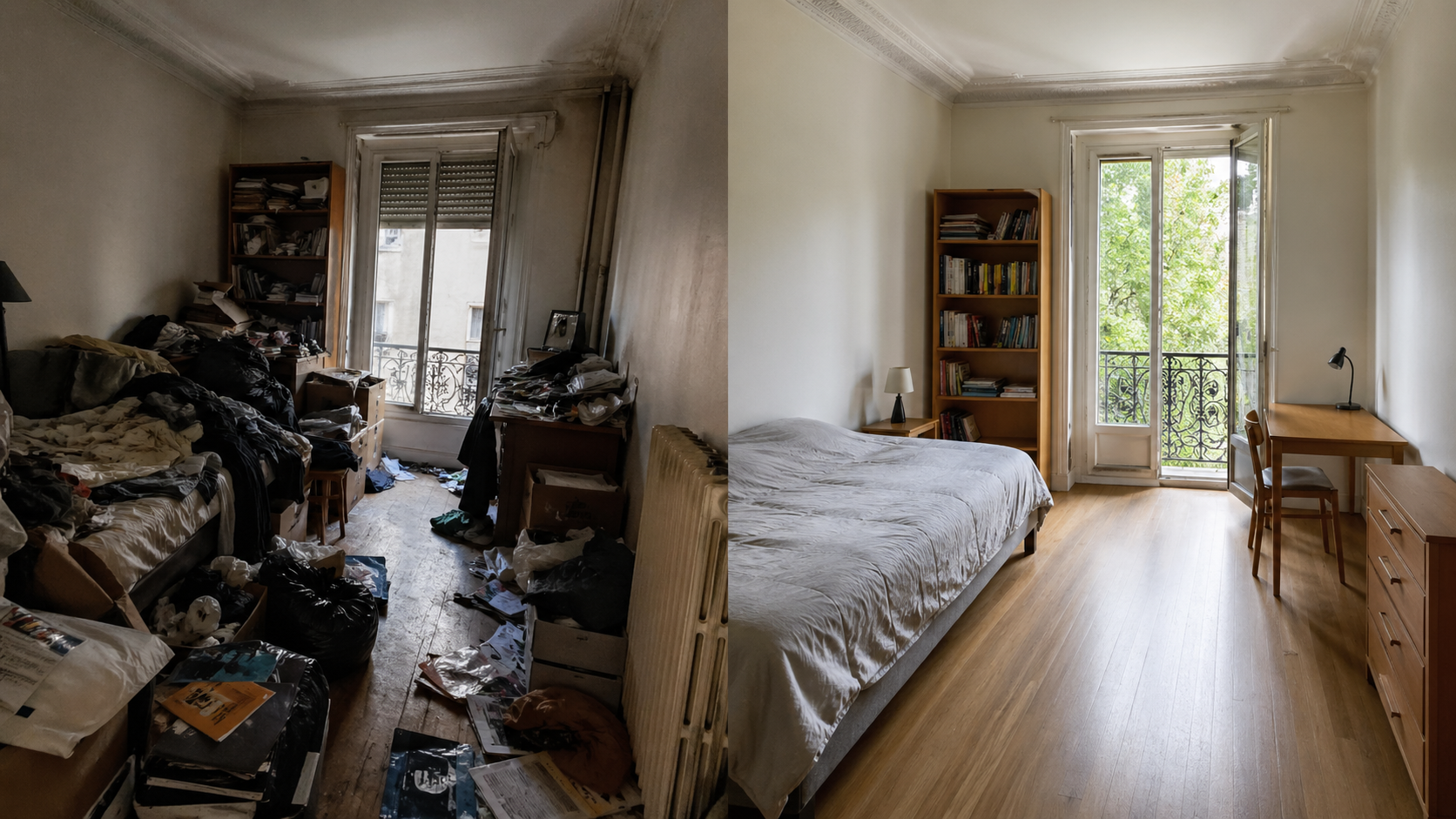 Remise en état d’une chambre après syndrome de Diogène Remise en état d’une chambre touchée par le syndrome de Diogène avec vue avant après nettoyage et désencombrement
