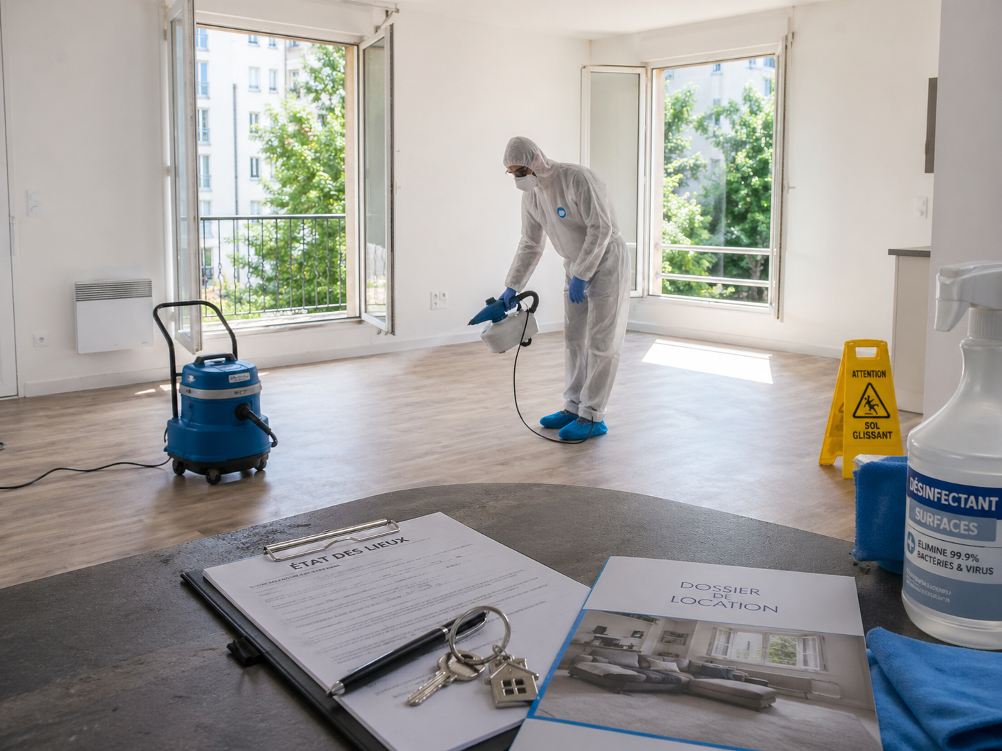 Technicien en tenue de protection désinfectant un appartement vide avant sa remise en location après un décès